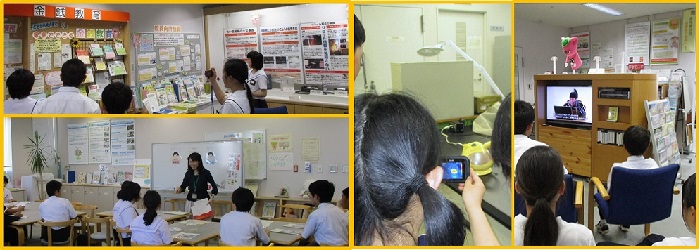 展示を見学する中学生
説明を聞く中学生
動画を視聴する中学生
写真を撮る中学生